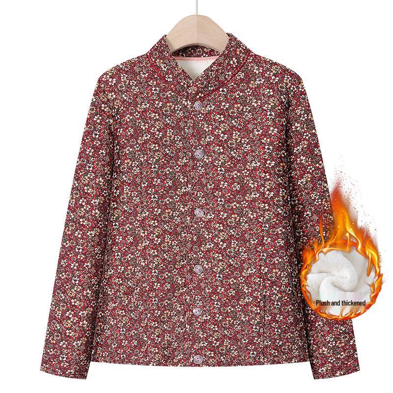 Grandma's Winter Floral Cotton Jacket with Velvet Lining - Warm, Thickened, Small Size for Elderly Women