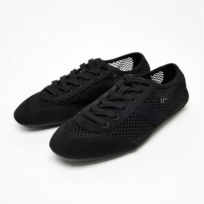 Fashion Mesh Breathable Lacing Flat Sneakers Women Lightweight Hollow Derby Sports Shoes Summer Autumn Running Shoes Cozy Ballet Flats