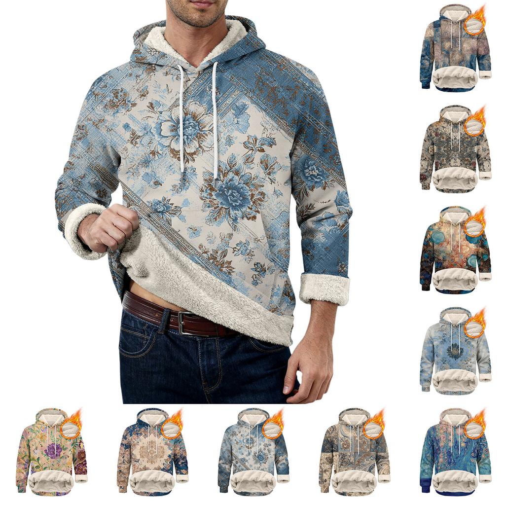 Herr långärmad fleecehuvtröja med fickor, casual