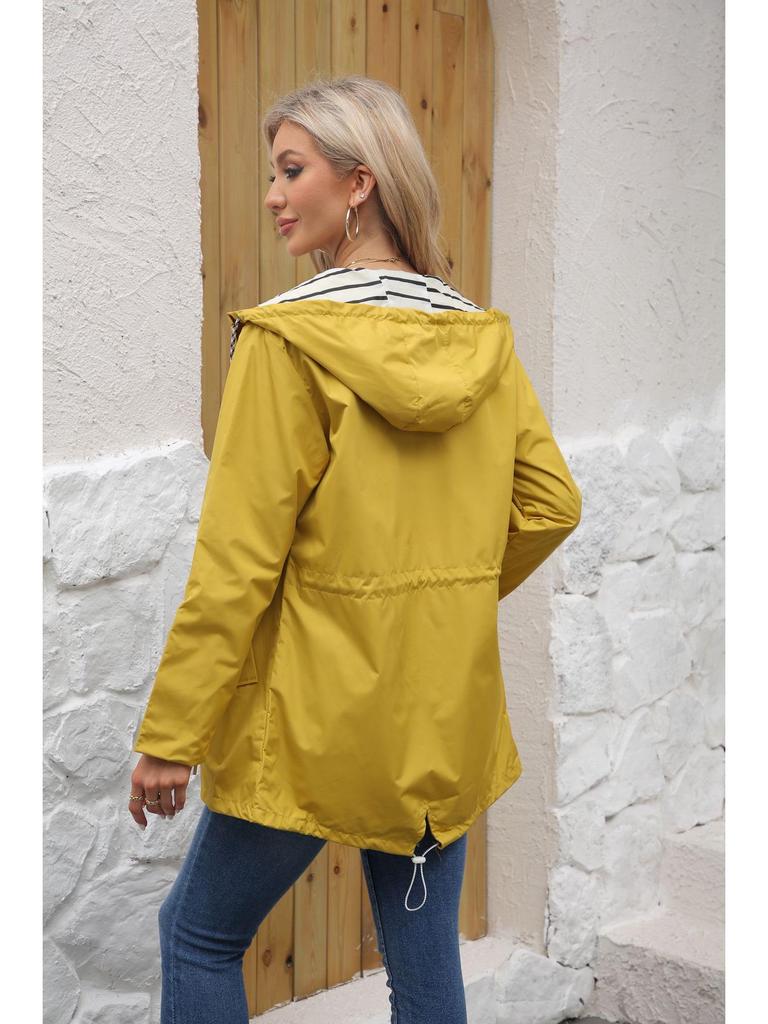 2025 Damen Wasserabweisender Trenchcoat mit Kapuze und gestreiftem Futter - Langärmlig, Mittellang, Übergröße.