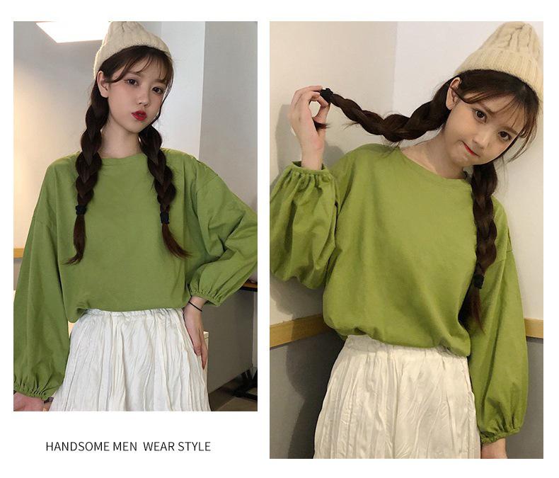 Women's 2024 Autumn Lantern Sleeve Loose Pullover T-Shirt - Solid Color Trendy Style