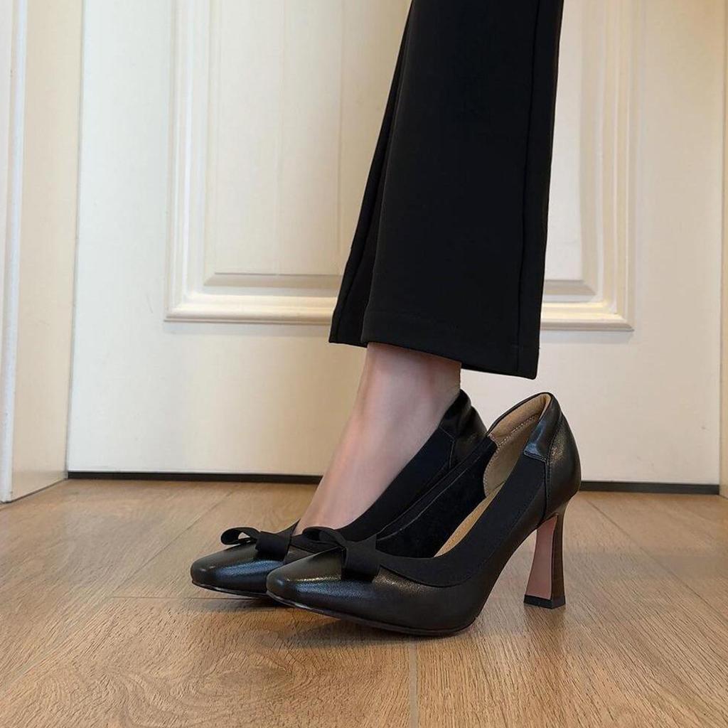 Sheepskin version~ retro literary and artistic temperament commuting versatile thick heel high heels women's fashion elegant bow single shoes