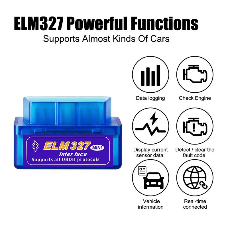 Mini ELM327 Bluetooth OBD2 Scanner Code Reader V1.5/V2.1 Car Diagnostic Tools Check Engine Scan Car Fault Detector 16PIN