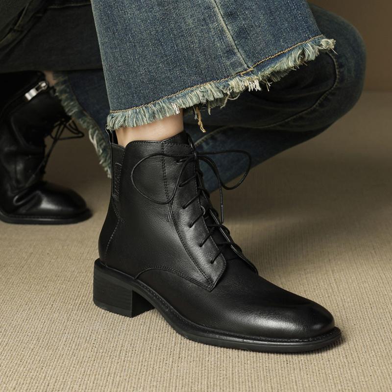 Fashion NEW Autumn Women Boots Cow Suede Leather Shoes for Women Round Toe Chunky Heel Shoes Casual Lace-up Zip Short Boots Daily Shoes