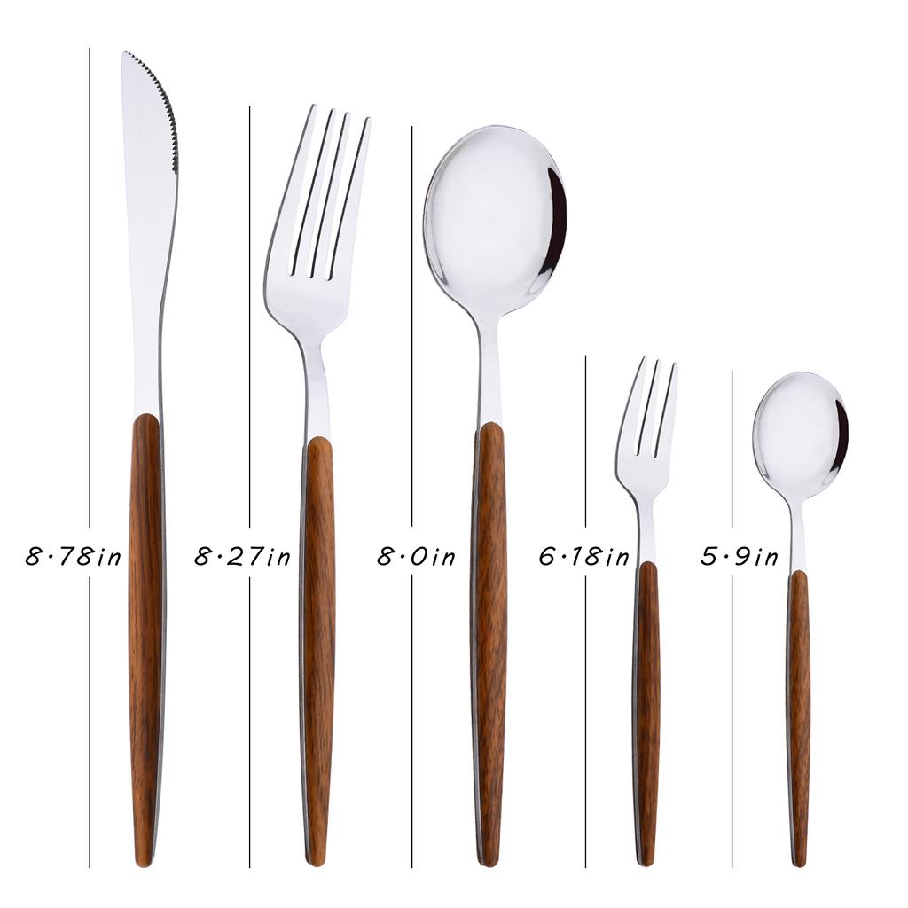 20 piezas/5 piezas de vajilla de acero inoxidable cuchillo tenedor cuchara espejo plata dorado mango de madera lavavajillas cocina cubiertos occidentales