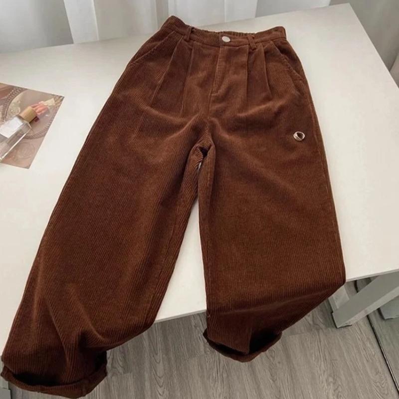 Women Korean Fashion Spring Fall Retro Straight High Waist Corduroy Pants Causal Full Length Trousers All Match Office Lady Pant