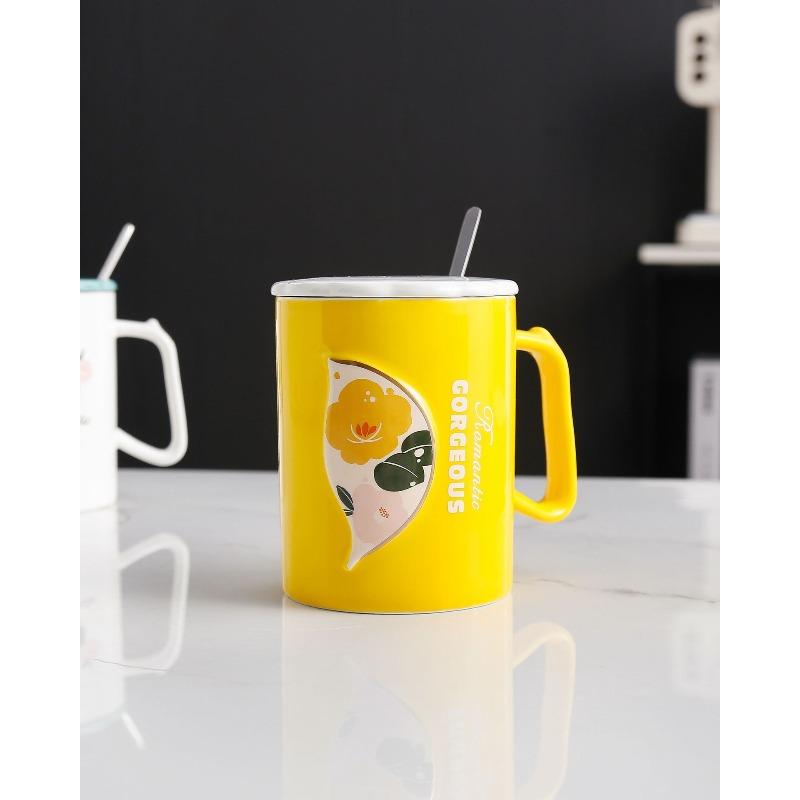 Kreative Geprägte Wunderschöne Romantische Blume und Blatt Keramiktasse mit Deckel Löffel Büro Zuhause Kaffee Milch Tasse Begleiter Geschenk Tasse