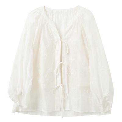 Camicia da donna Sancai Nuovo stile cinese Ricamata Scollo a V Vestibilità Larga