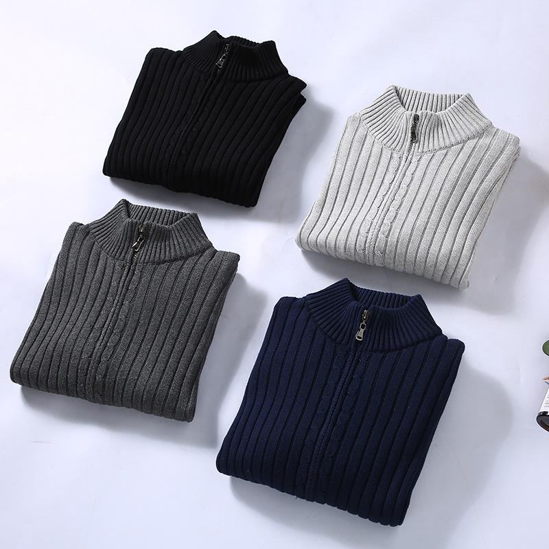 Men's Solid Color Sweater Half Turtleneck Zipper Cardigan Knit Jacket