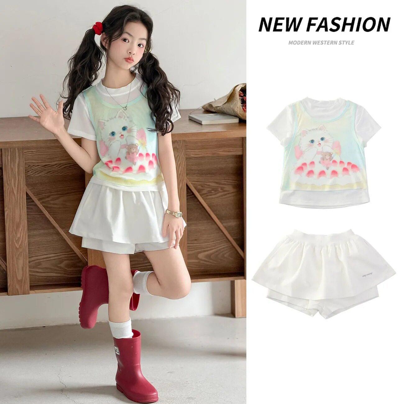Girls Cartoon Cat T-Shirt & White Skort 2-Piece Summer Set 130 cm зелёный