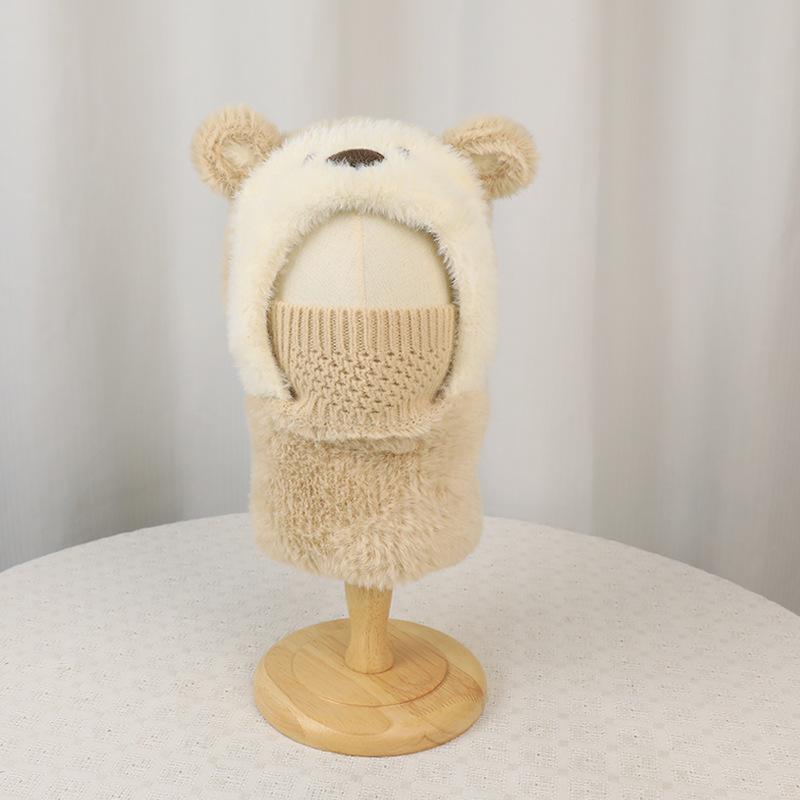Cartoon bear children's hat, face mask, scarf, integrated pullover hat, winter velvet warm ear protector, knitted wool hat