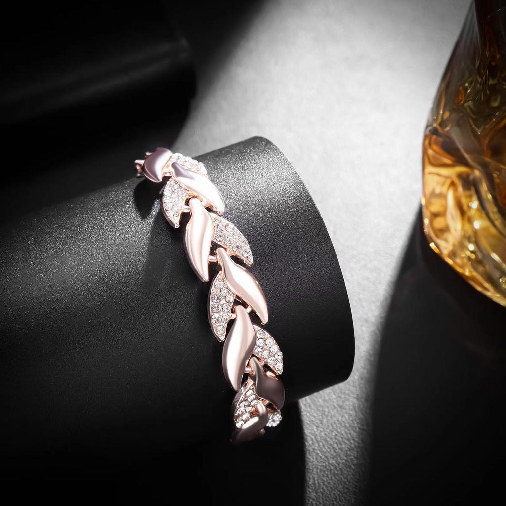 Gold Full Diamond Leaf Women's Bracelet with Extension Chain