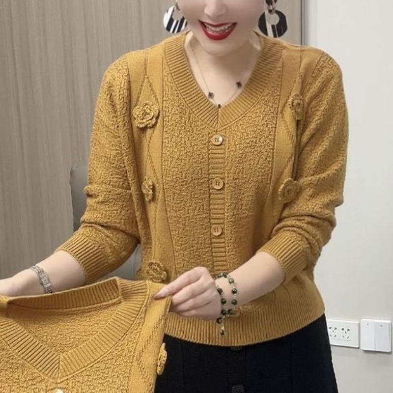 

Вязаный свитер Осень Зима Корейский стиль Универсальная мода Цветочный свитер Топ L жёлтый