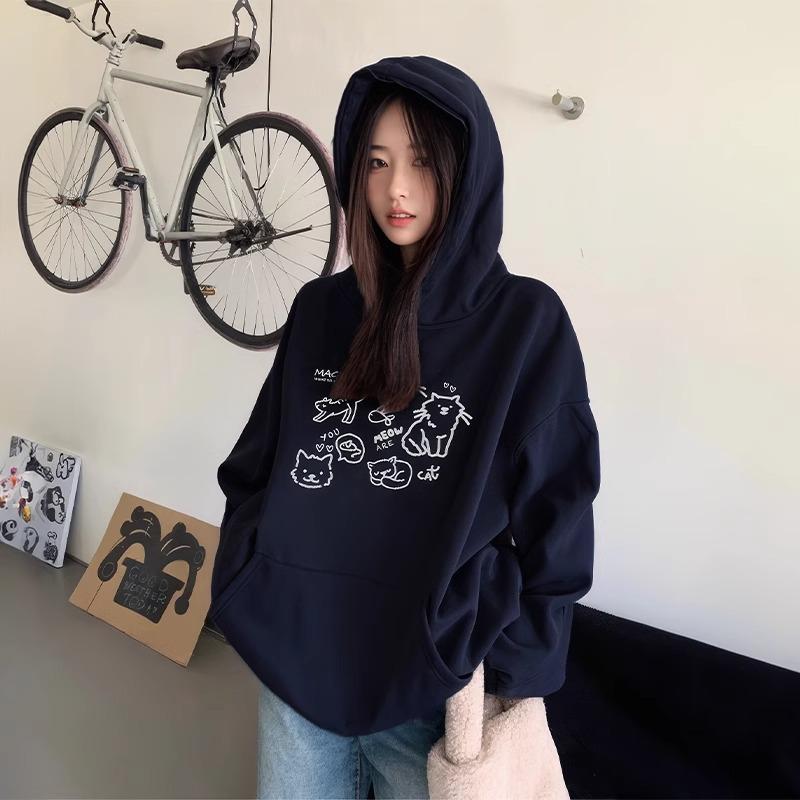 Ladies Autumn Winter Casual Hooded Long Sleeve Big Pocket Stick Figure Cat Printed Pullover Hoodies Sweatshirt Top