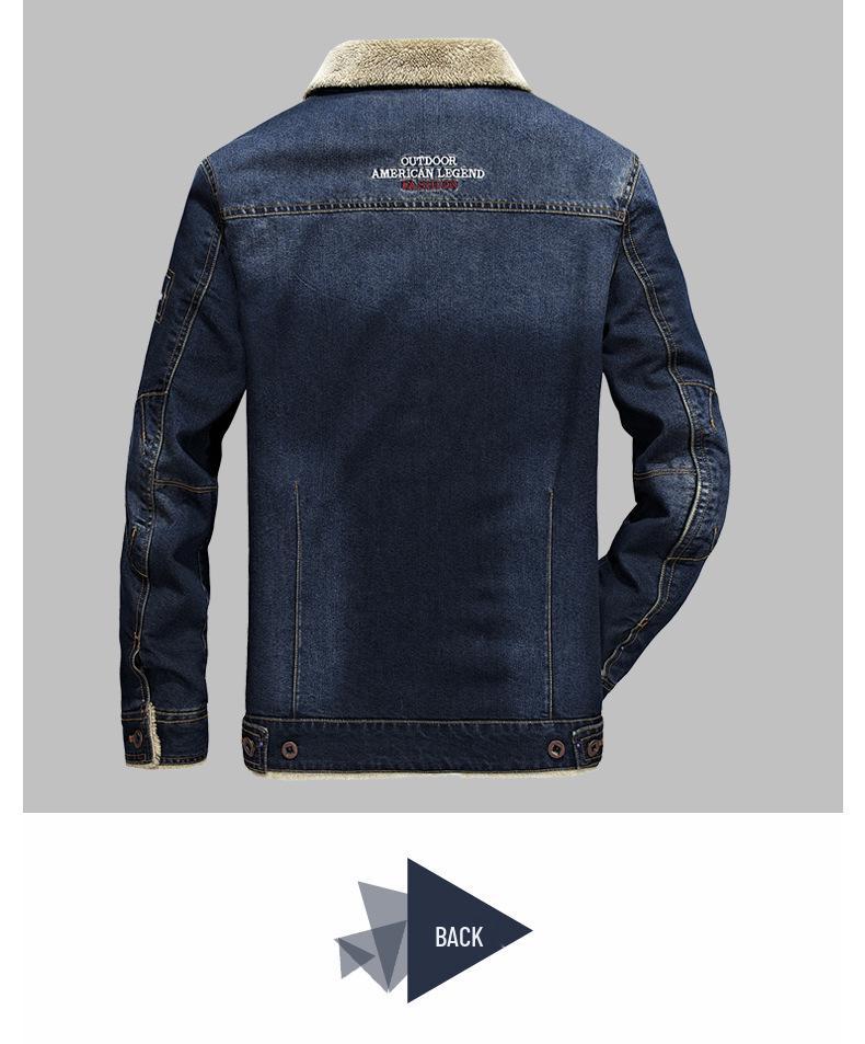 Men's Plus Size American Style Denim Jacket with Velvet Lining - Autumn/Winter, Loose Fit, Multi-Pocket, 7X