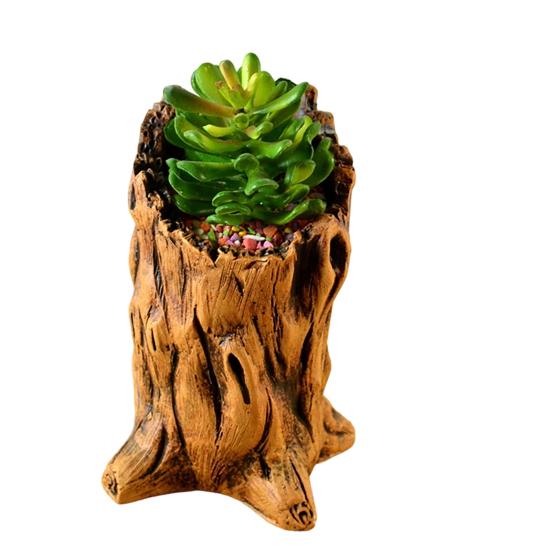 Flowerpot Hand-Painted Imitation Old Tree Stump Shape Outdoor Garden Planter Cement Texture Weatherproof Plant Container