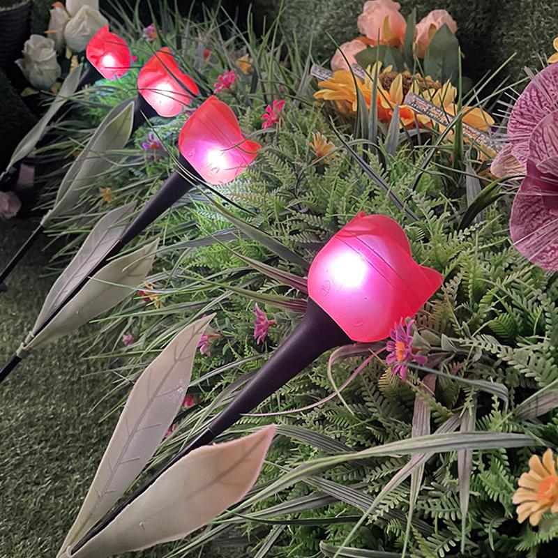 10PCS Outdoor LED Solar Lights Tulip Flower Lamp Landscape Lighting for Courtyard Lawn Waterproof Garden Stake Insert Solar Rose