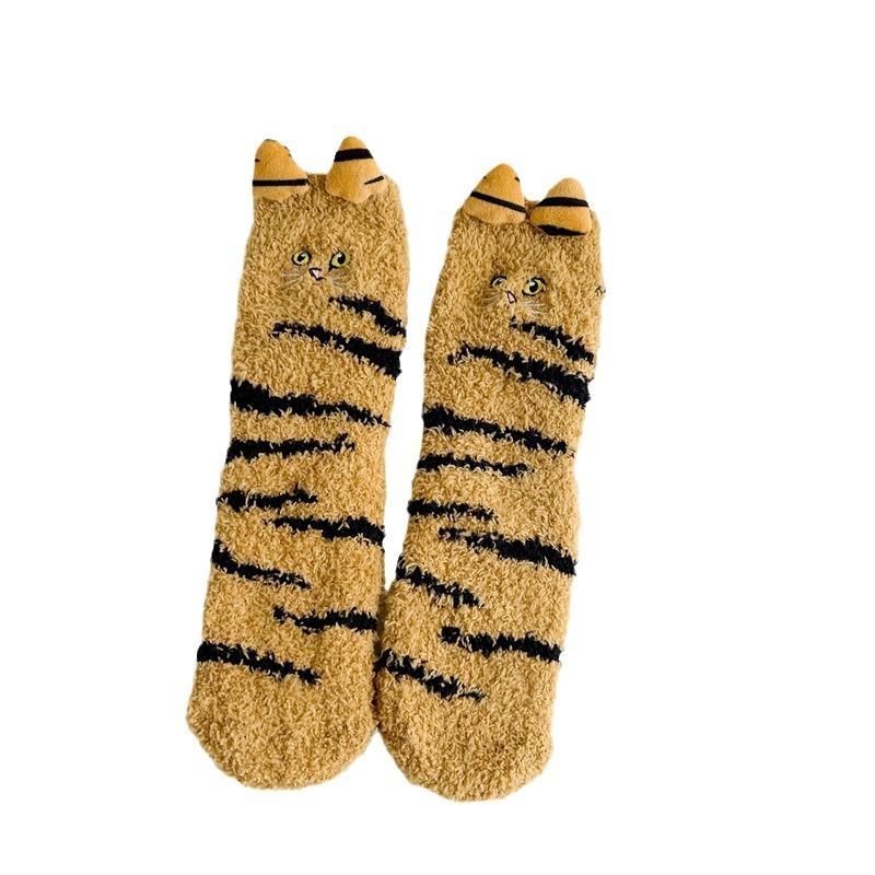 Korallenfleece-Socken Damen Winter Verdickt Dreidimensionale Ohren Schwanz Niedlich Halb-Fleece Boden Schlaf-Socken