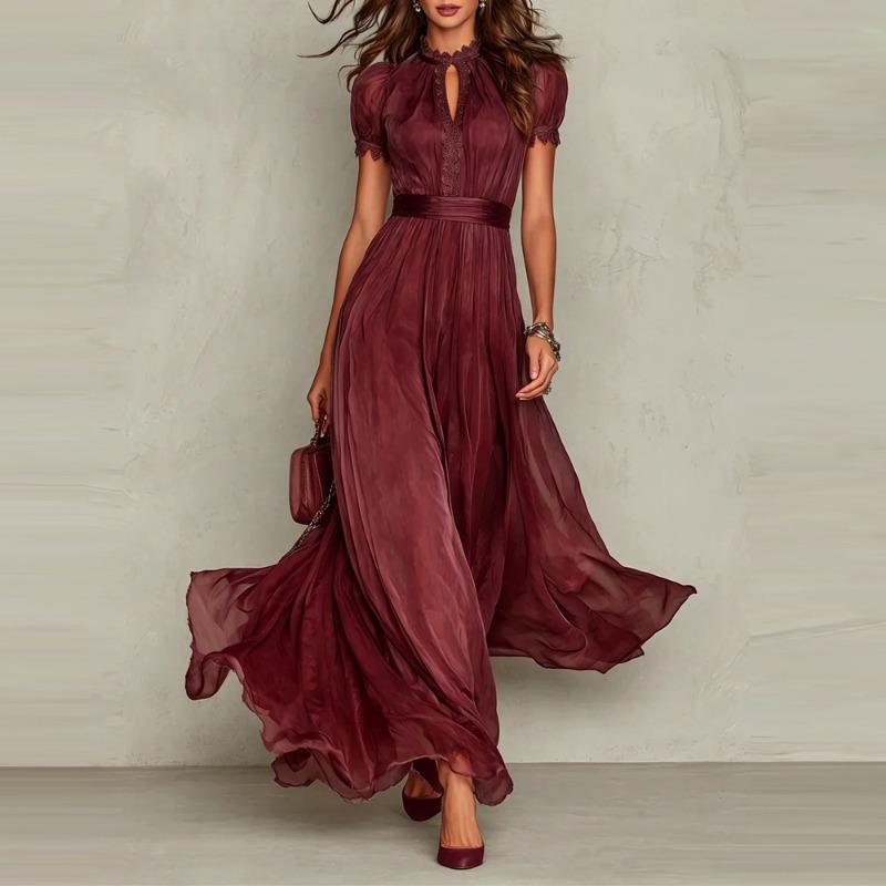 TIFICY Women's Fashion Summer Spring Solid Color Print Short Sleeve Stand-Neck High Waist Casual Dresses