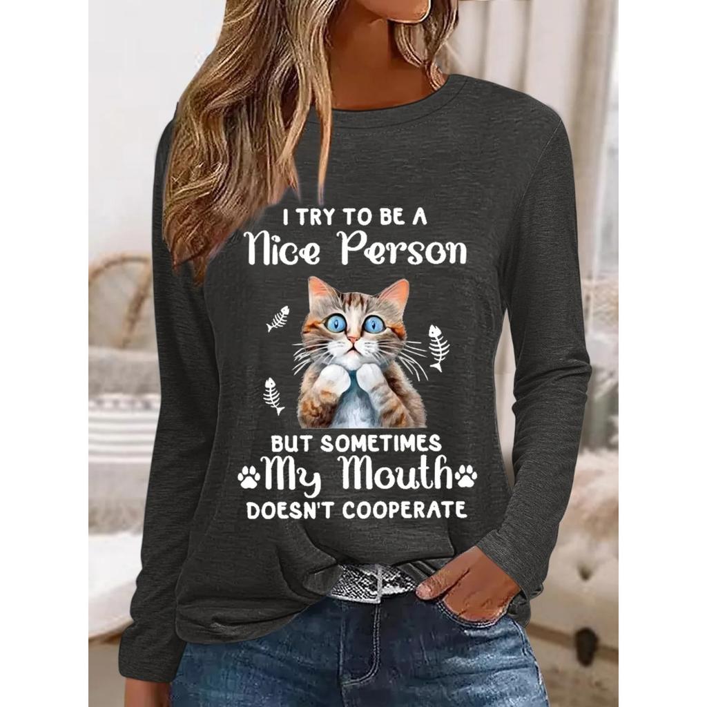 Okrągły dekolt 3D nadruk zabawny kot wzór top modny casual długi rękaw damskie koszulki