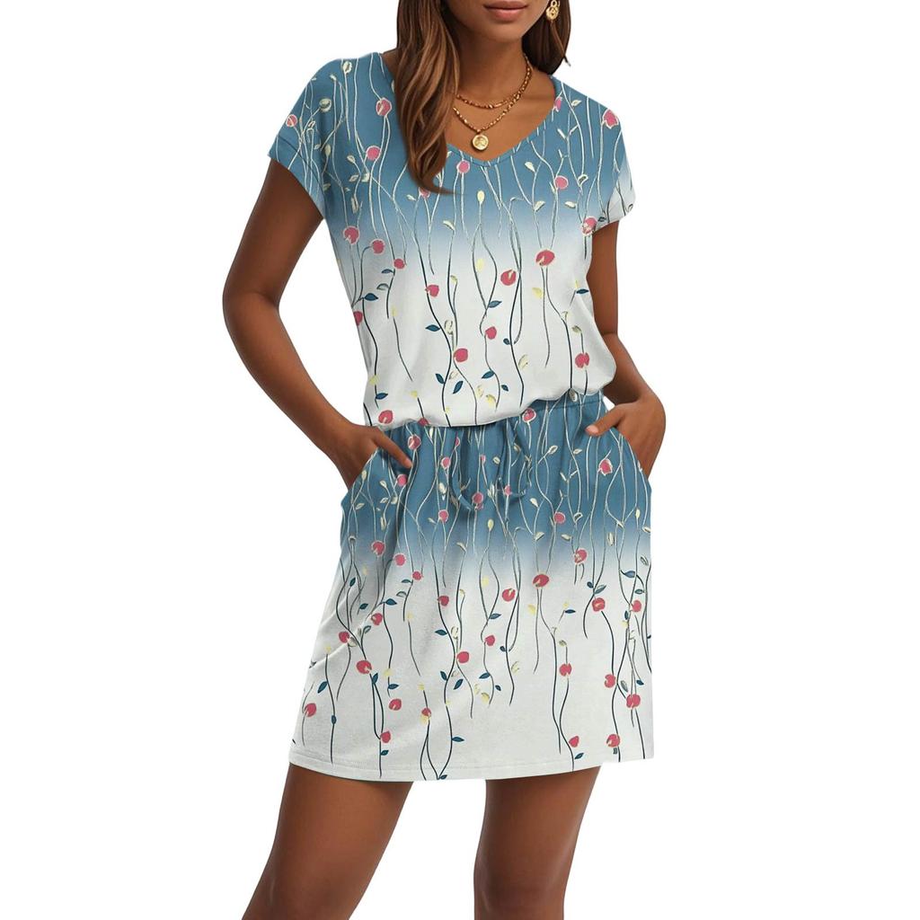 Women's Fashion V-Neck Short Sleeve Drawstring With Pocket Printed Casual Dresses