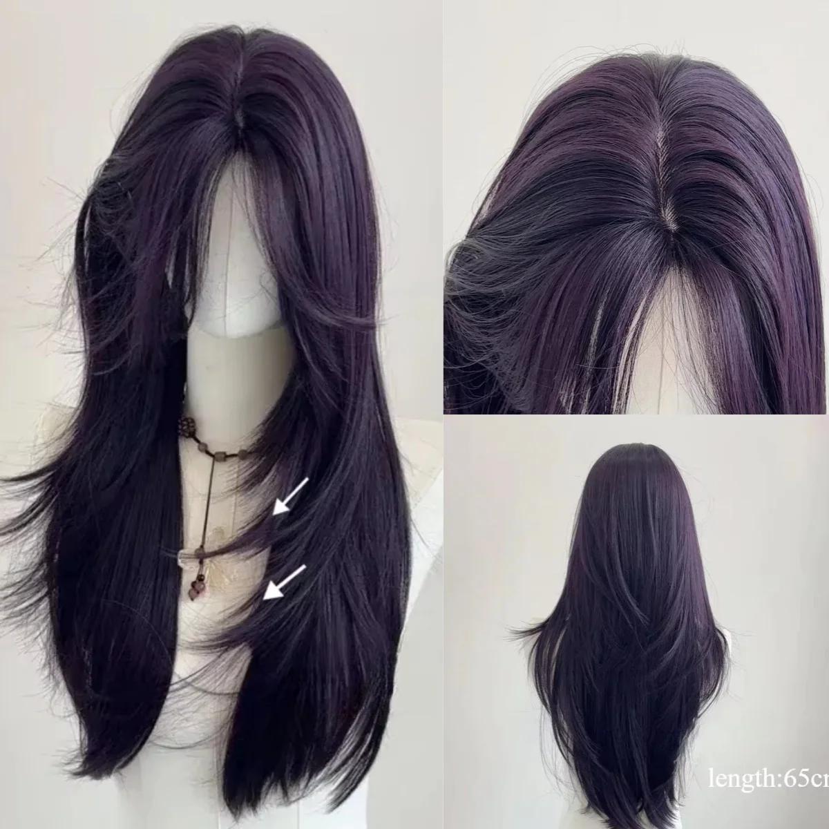 Ashely Dark Purple Wig Female 22inch Long Hair Curtain Bangs Layered Nature Straight Hair Cosplay Synthetic Wigs Lolita Perruque 22inches&1pc фиолетовый