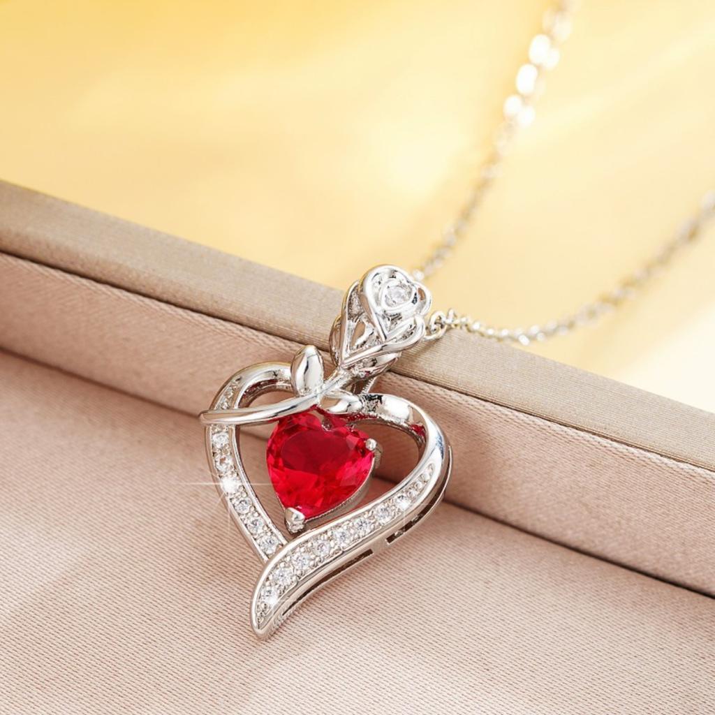 Women Red Heart Stone Pendant Necklace with Rose and Sparkling Accents Elegant Romantic Jewelry