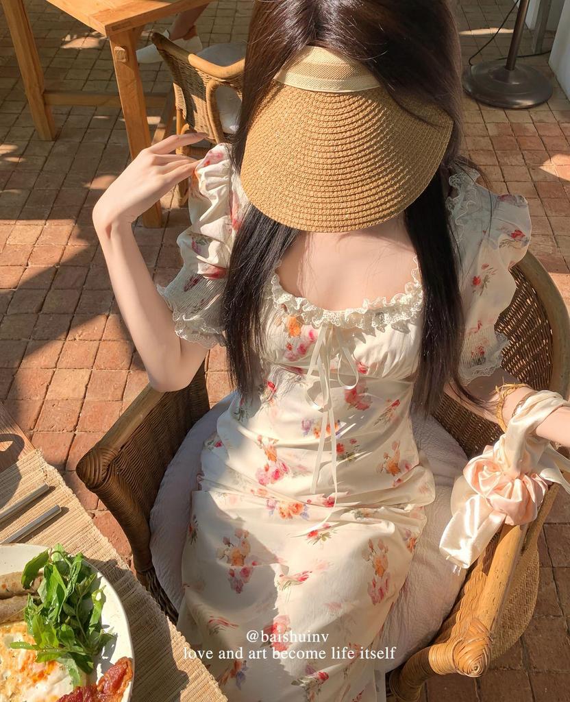 White Tower Women's Elegant Fairy Style Lace Dress - Summer/Autumn Korean Chic Long Dress