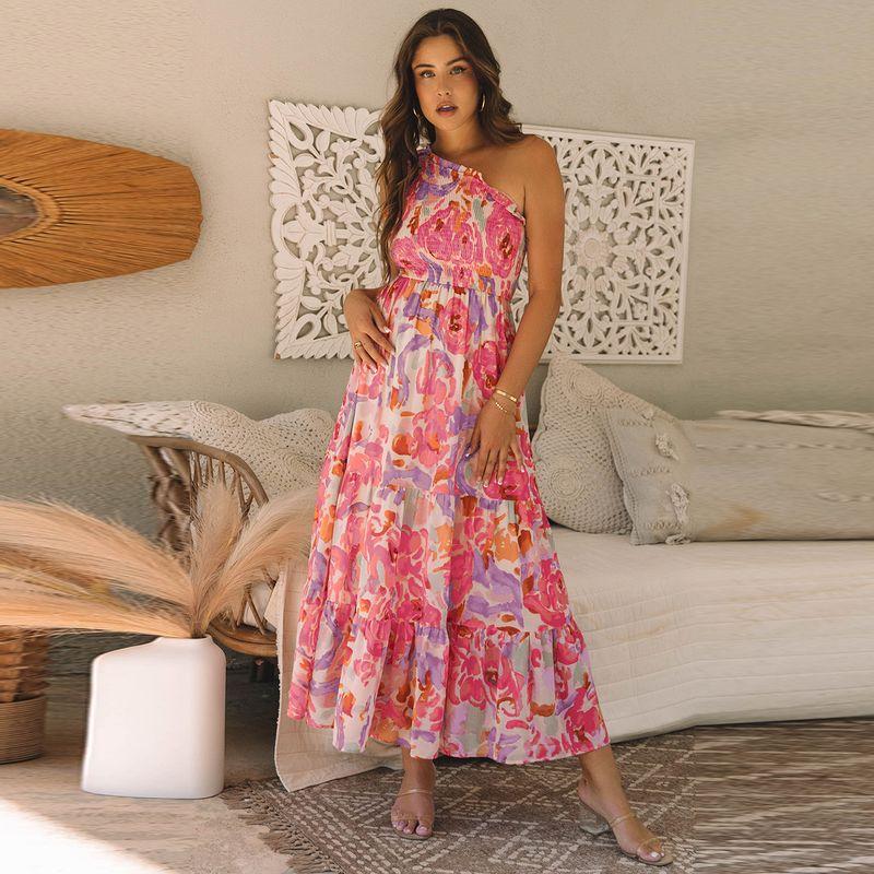

American Shiying Summer New Arrival Florals One Shoulder Dress Women 2025 Fashion Seaside Vacation Style Long Dress Women Florals XL code fits (70.00 kg-75.00 kg
