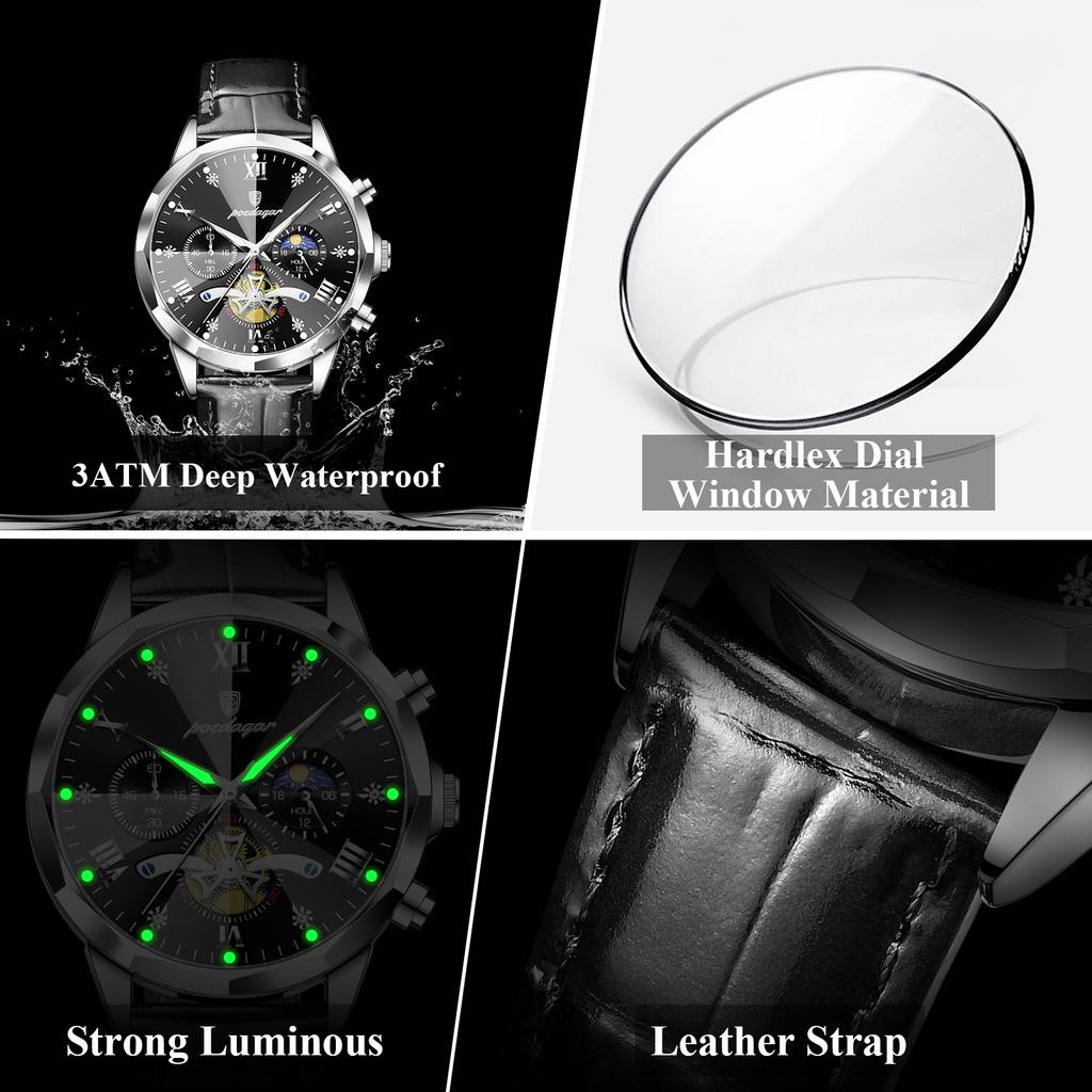 POEDAGAR Luxury Fashion Men Clock Chronograph Waterproof Luminous Military Man Watch Leather Quartz Business Men's Watches Reloj