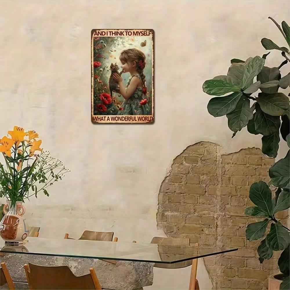 Vintage Cat Girl Wonderful World Metal Sign Fantasy Garden Wall Art 8x12 Inch Outdoor Decor