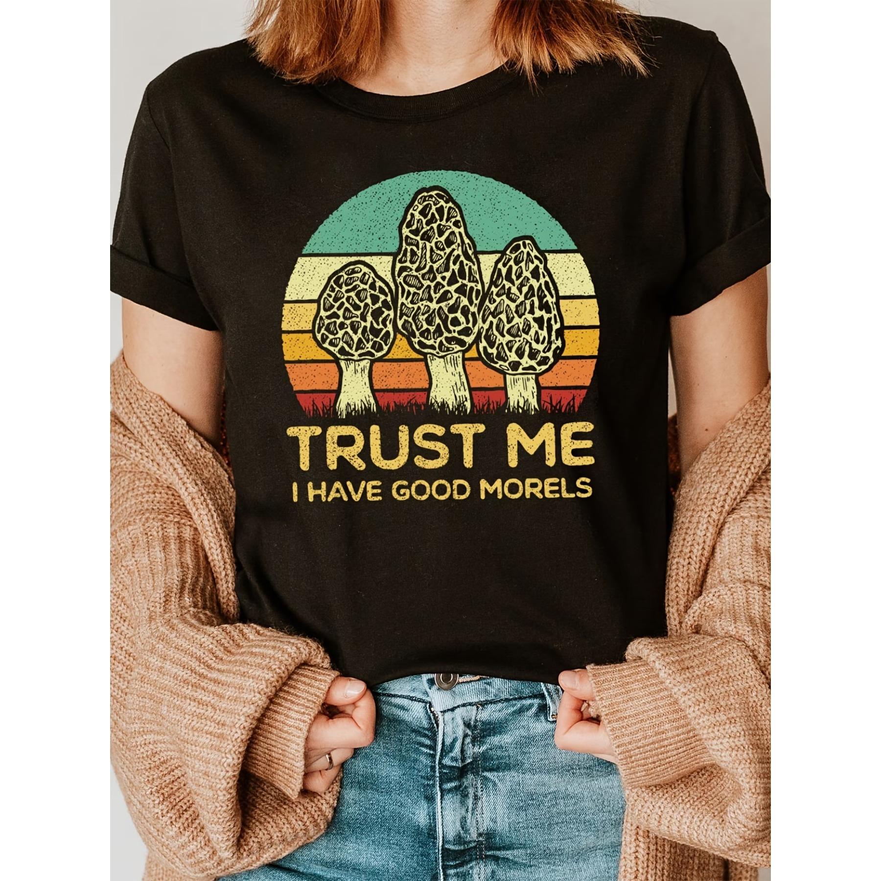 Mushroom Print Crew Neck T-shirt, Short Sleeve Casual Top for Summer S чёрный