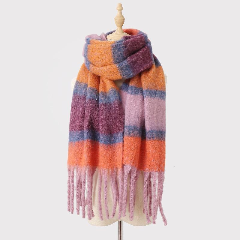 Color matching striped fringed scarf women's autumn and winter high-end mohair color warm versatile scarf shawl
