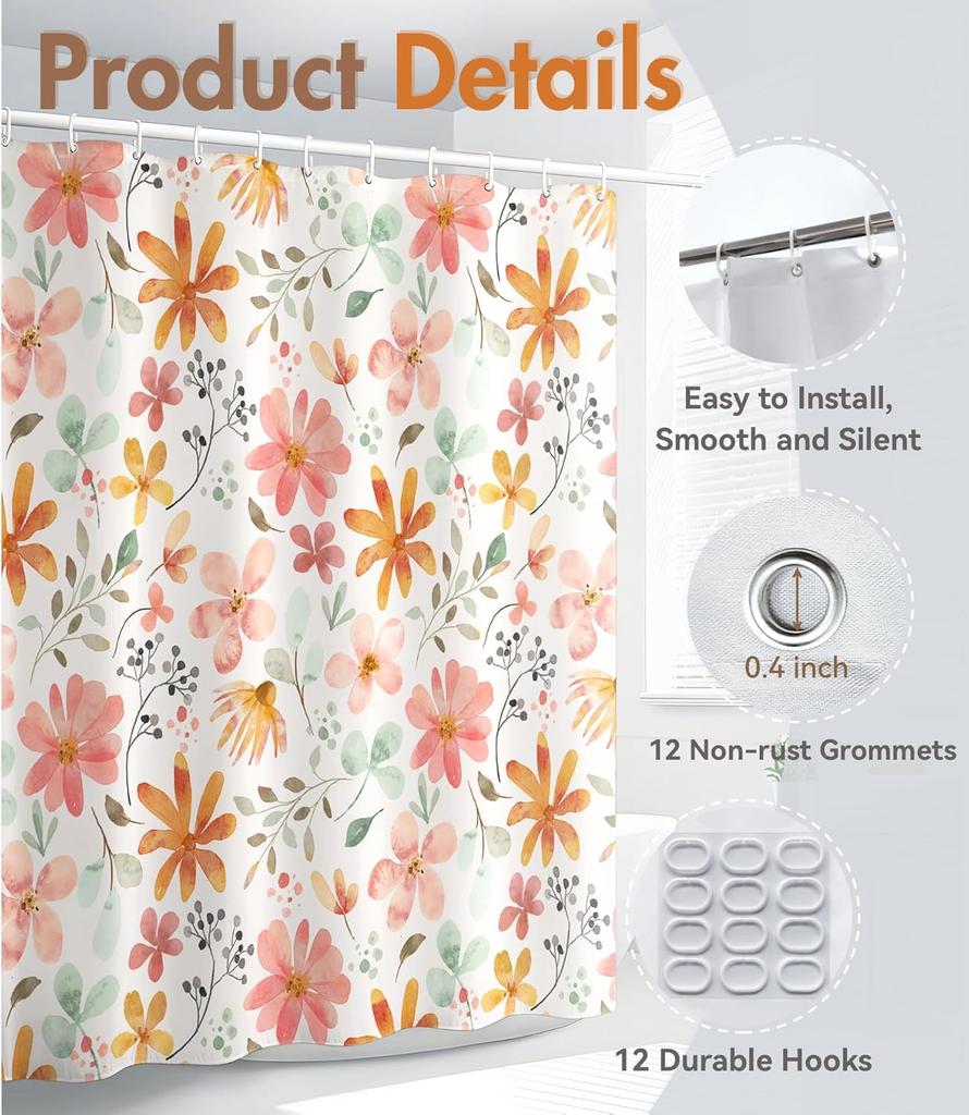 Watercolor Floral Print Polyester Shower Curtain 180X180Cm - Waterproof Bathroom Decor With Hooks For Home Textiles