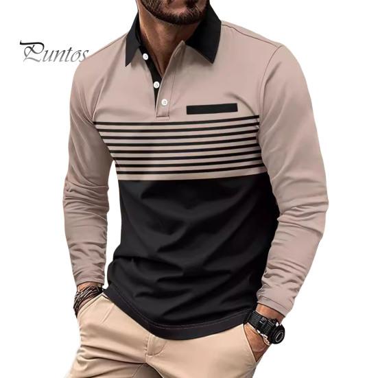 

Мужская рубашка весна-осень с отложным воротником на пуговицах, контрастный полосатый принт, длинные рукава, свитер средней длины, повседневный деловой топ M хаки