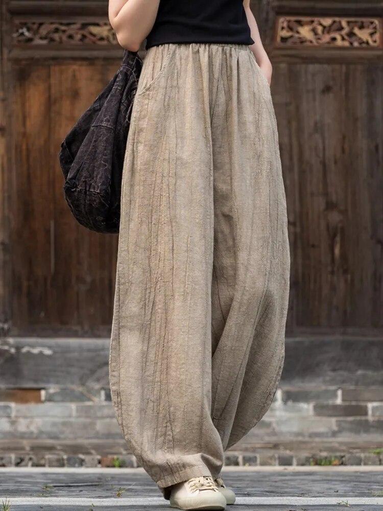 Johnature Women Vintage Tie-dye Bloomers Pants Elastic Waist Loose Spring Trouser Casual Women Long Pants