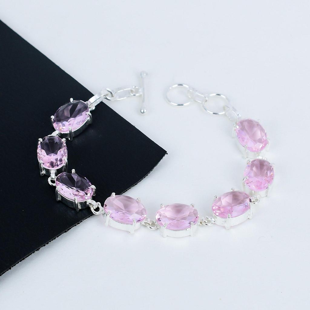 Rosa Kunzit Edelstein Handgefertigt 925 Sterlingsilber Armband, Rosa Kunzit Armband für Ehefrau, Unisex Armband Partykleidung Geschenk