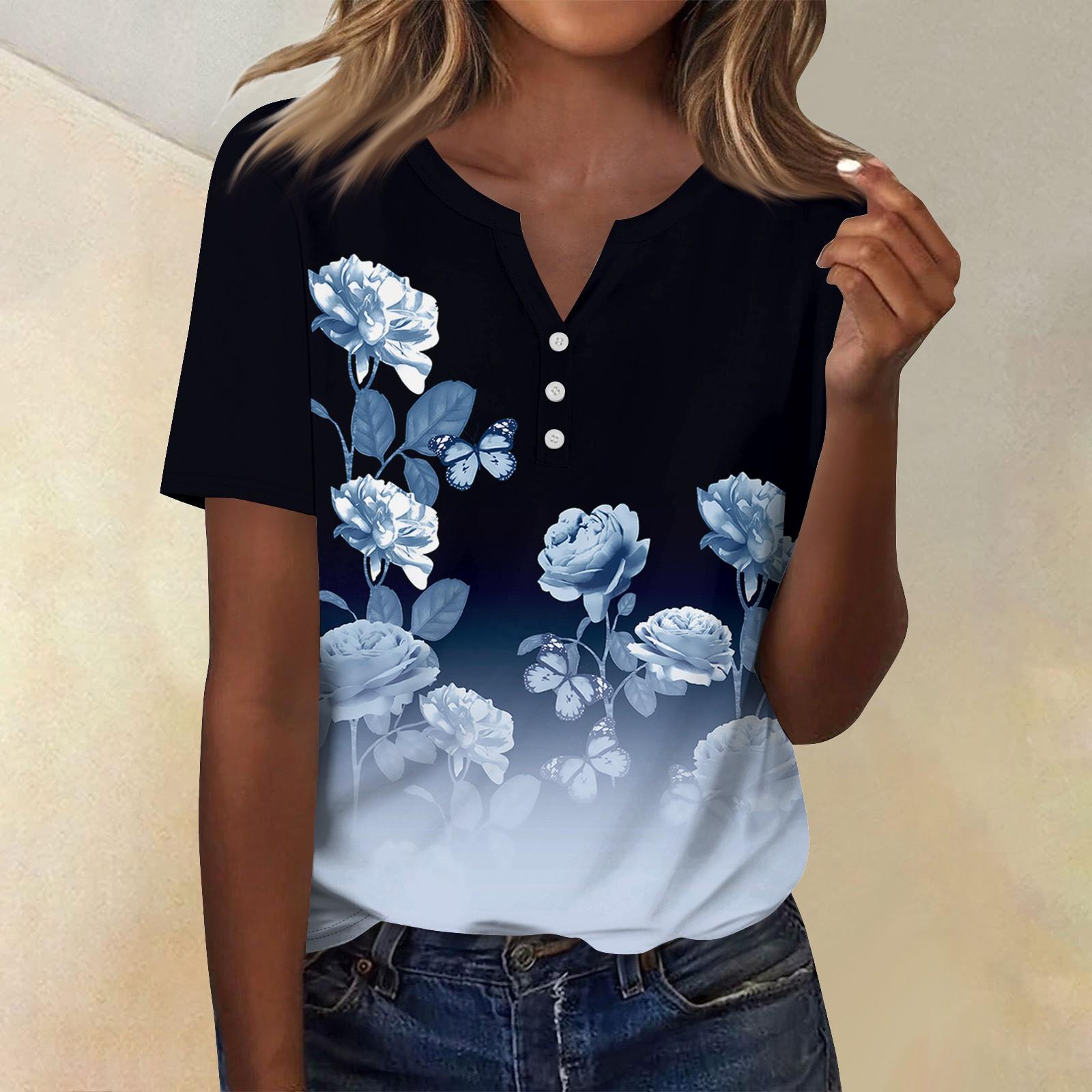 

Женская мода повседневный топ с коротким рукавом и цветочным принтом XXL