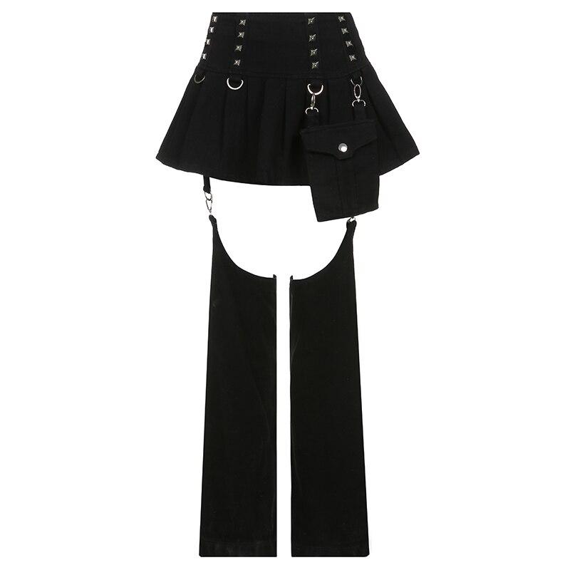 Rockmore Rivet Pleated Jeans Women Gothic Cargo Pants Punk High Waist Removable Buckle Cutout Trousers Dark Academic Grunge