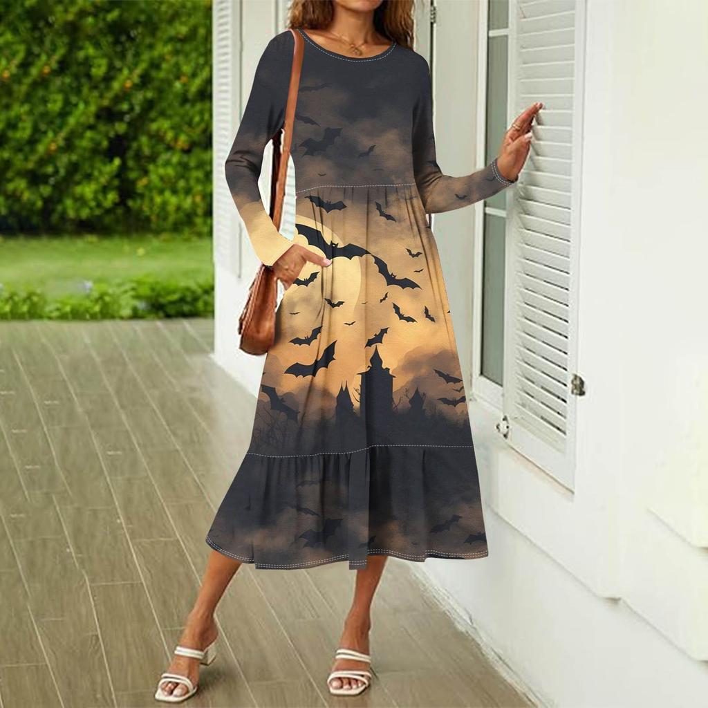 Damen Halloween Bedrucktes Freizeitkleid Frühling Herbst Tasche Rundhals Langarm Kleider