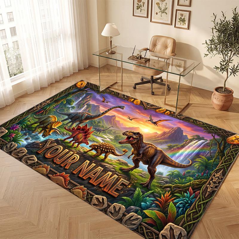 Dinosaur Theme Soft Crystal Velvet Rug Custom Name & Text Print Non Slip Floor Rug for Bedroom Living Room