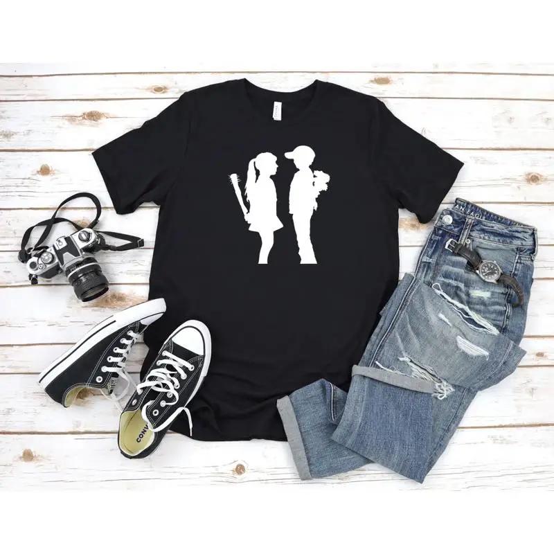 Banksy Silhouette Boy and Girl White Unisexs T Shirt T