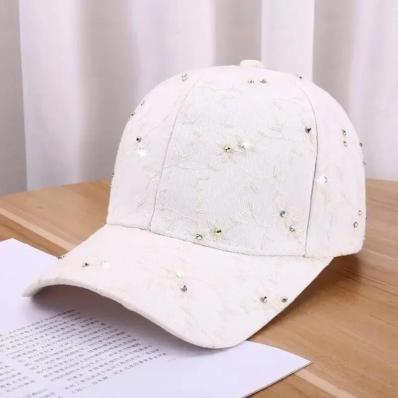 Korean Crystal Baseball Cap - Floral Embroidery UV Hat, Women's Summer Rhinestone Fashion Cap
