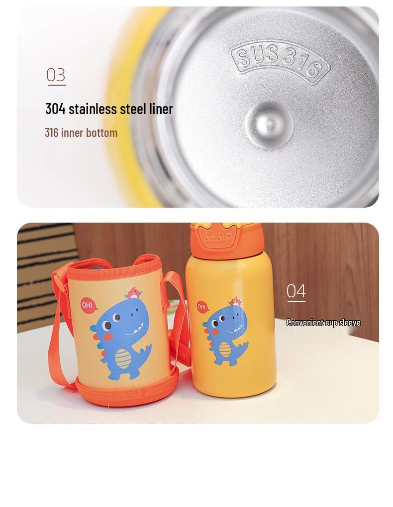 Kids' Outdoor Thermos Cup - Deer Antler Design, Straw & Smart Lid, Stainless Steel, Cartoon Style with Strap