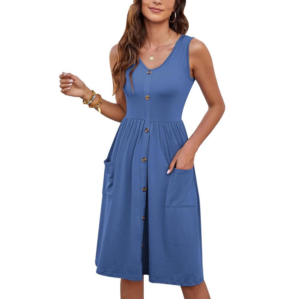 YYFS Women's Fashion Summer Spring Solid Color Print Sleeveless V-Neck High Waist Casual Dresses