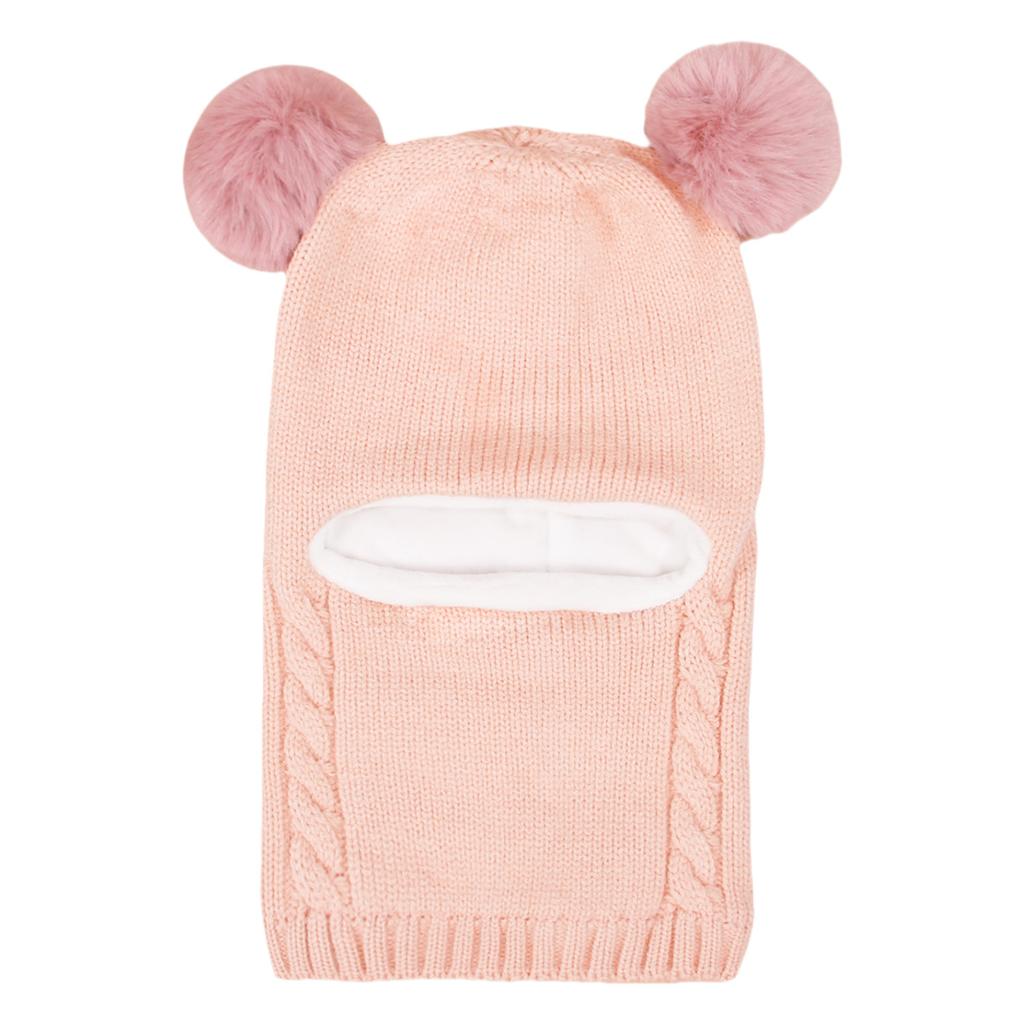 Winter Kids Balaclava Hat Double Pompom Knit Beanie Cap for Baby Boy Girl Warm Thick Fleece Lining Children One-piece Hat Scarf