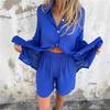 Women's shorts suit casual solid color cotton linen long sleeve wrinkle shirt and shorts two-piece set