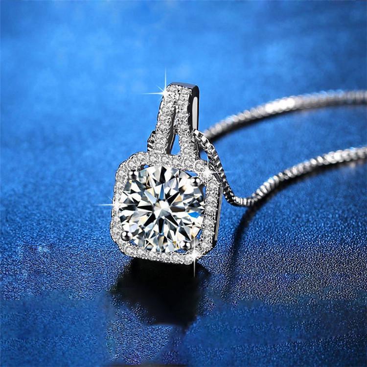 Authentic 18K Gold Moissanite Pendant Necklace - Simple Square Fashion Design 0.8 Carat Moissanite Pendant