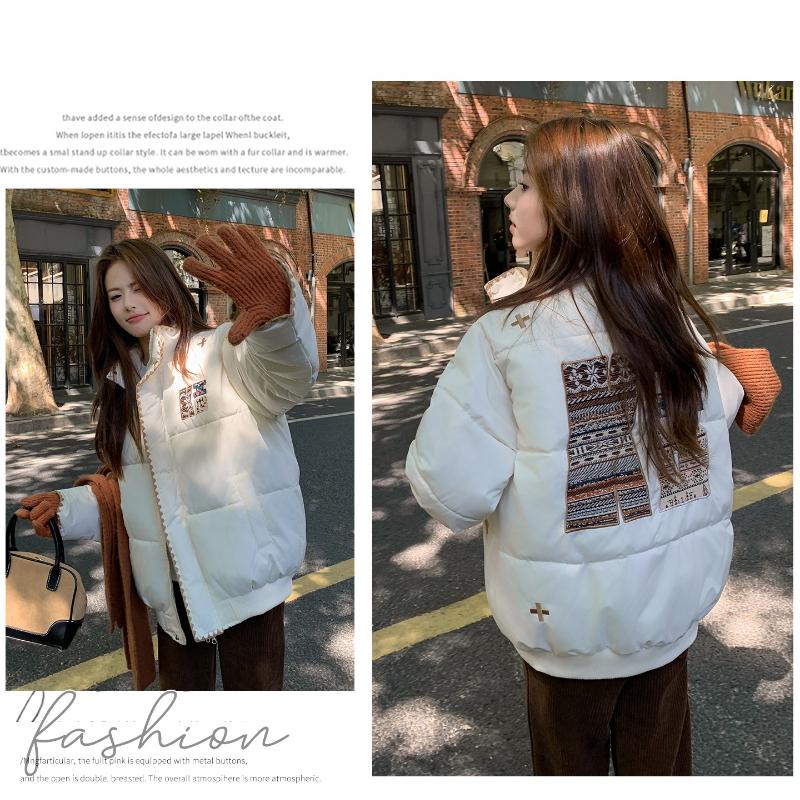 Embroidery Design Puffy Coat Women Winter Loose Cotton Jacket Warm Outwear Fashion