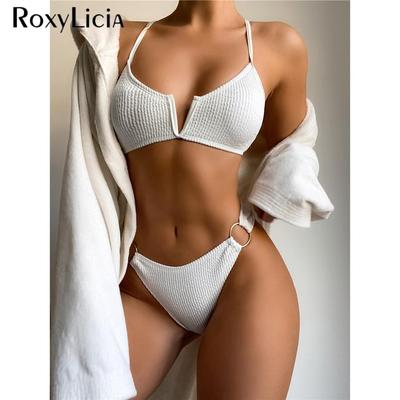 V Shaped Wrinkled Crinkled Bikini Female Swimsuit Women Swimwear Two-pieces Bikini Set Mid Waist Bather Bathing Suit Swim